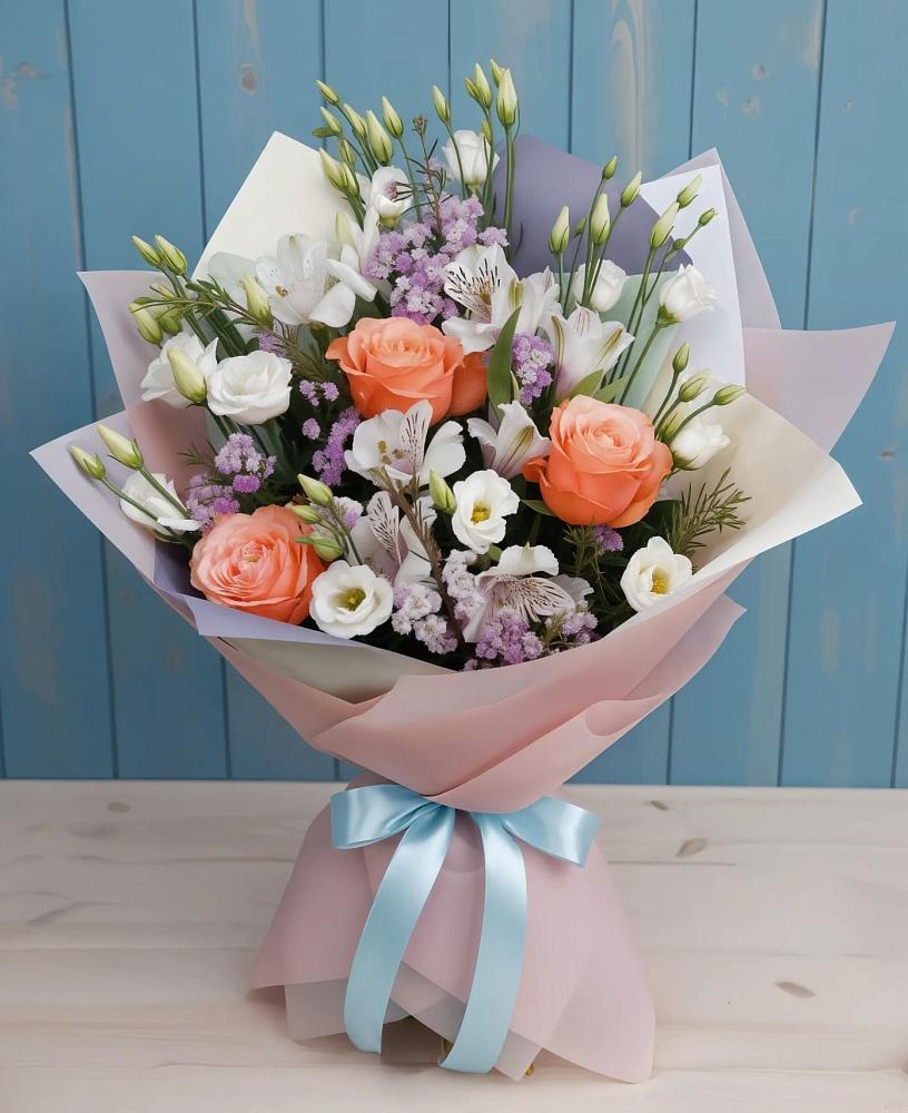 Букет цветов из: Лизиантусы, Розы, Альстромерии и Гипсофила в Мамонах