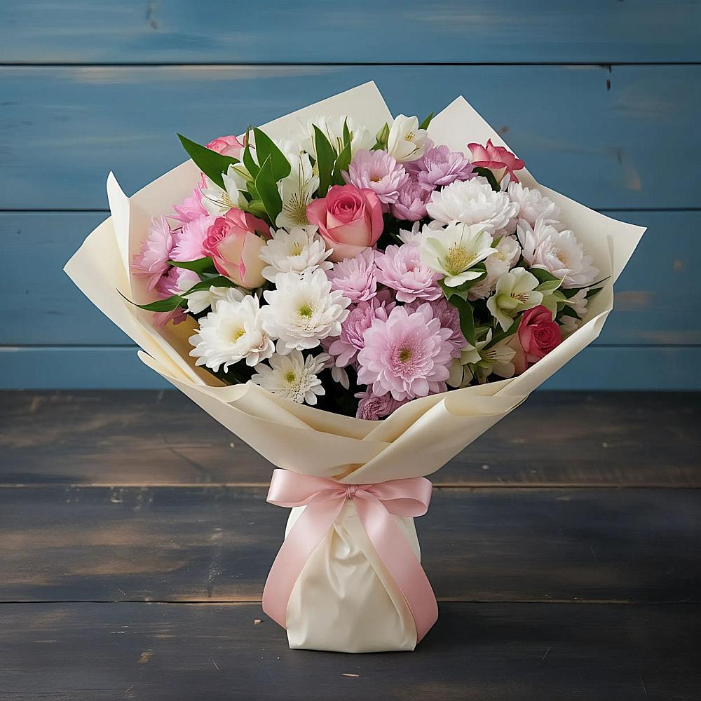 Букет цветов из: Хризантемы, Альстромерии и Розы в Мамонах